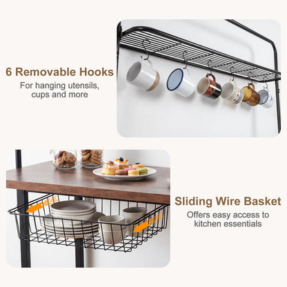 Kitchen Island with Power Outlet, Metal Coffee Bar Table with3 Open Shelves, 6 Hooks & Pull-out Basket, Industrial Bakers Rack Stationary Storage Island for Dining Room,