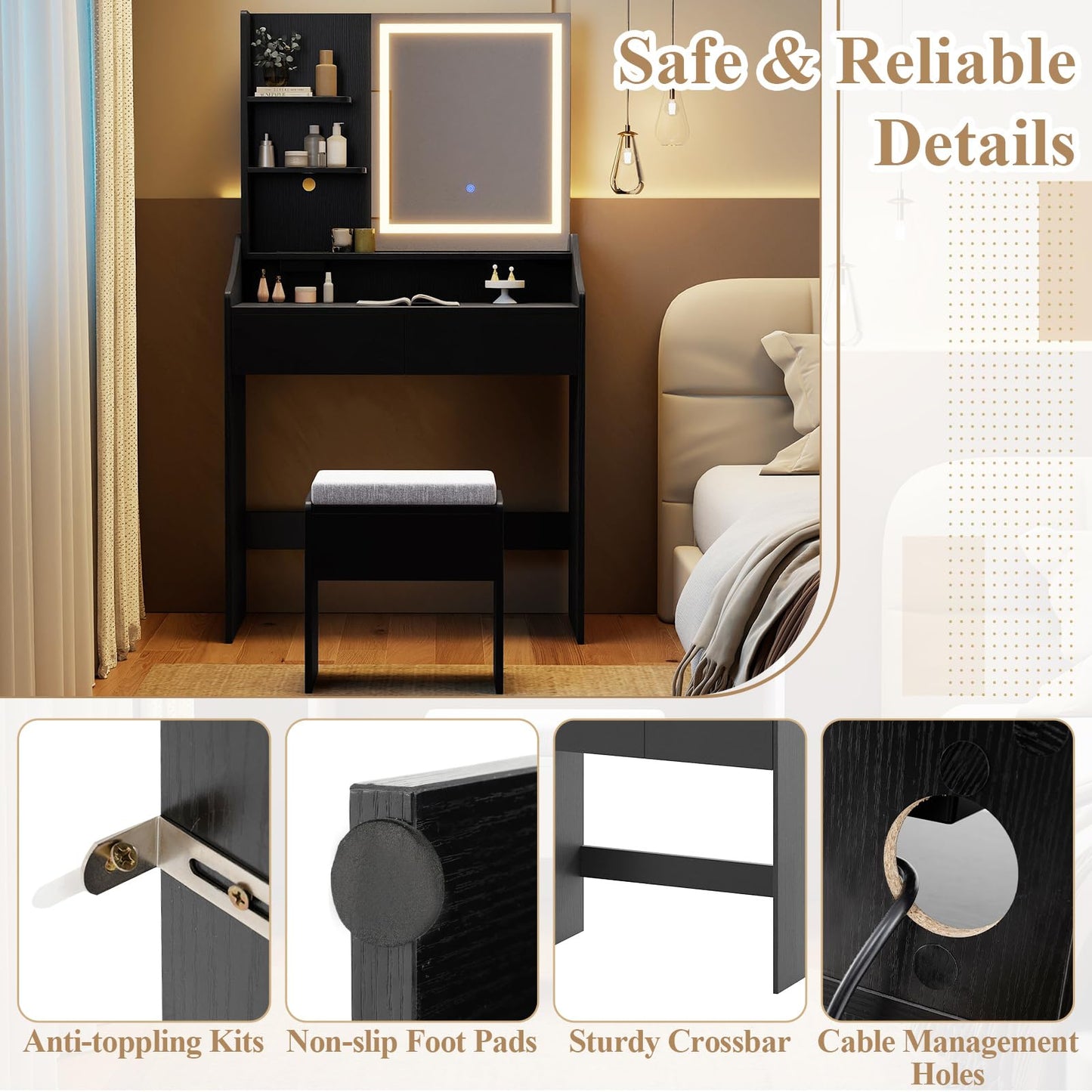 Dressing Table with LED Mirror and Cushioned Storage Stool