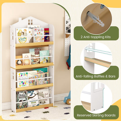 Kids Bookshelf, 4-Tier Book Display Rack with Anti-Falling Baffles