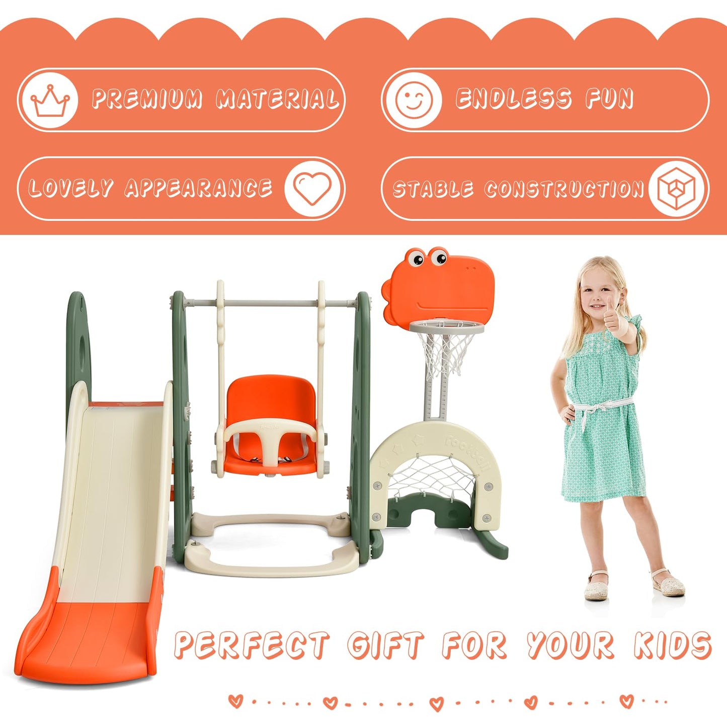 6 in 1 Toddler Slide and Swing Set with Adjustable Basketball Hoop for Indoor