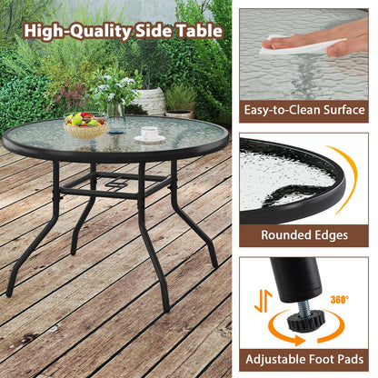 70cm Patio Side Table, Round Outdoor Coffee Table with Tempered Glass Tabletop