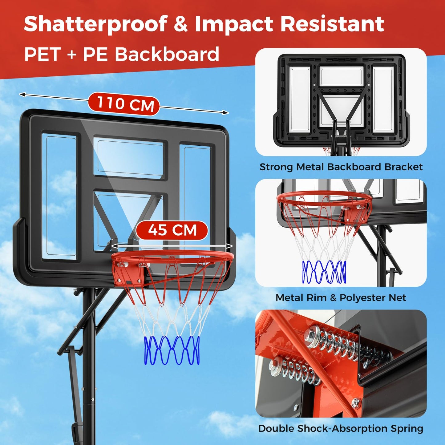 Outdoor Basketball Hoop System with Fillable Base and 2 Wheels