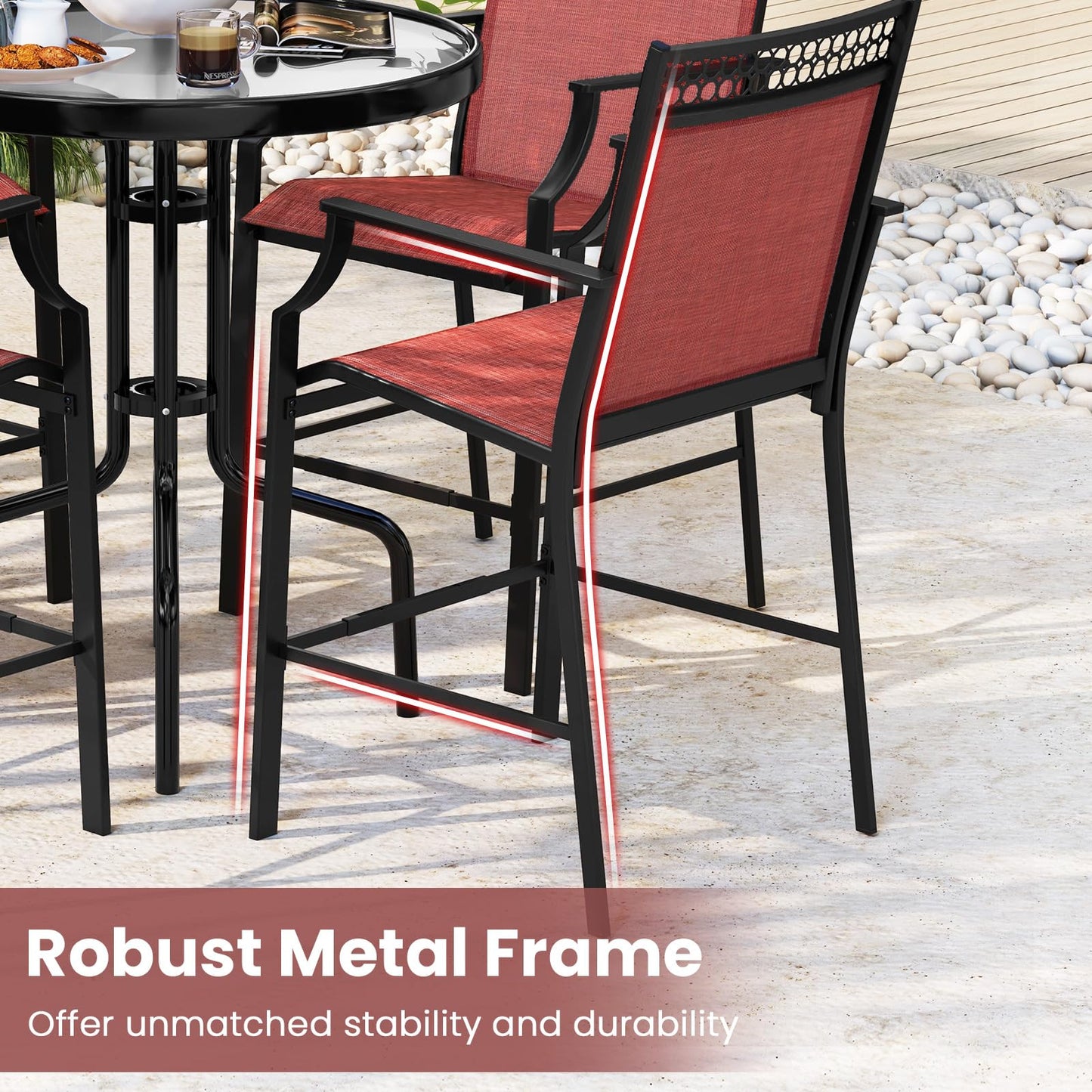 Fabric Outdoor Bar Stools Set of 2 with High Back Armrests & Footrest