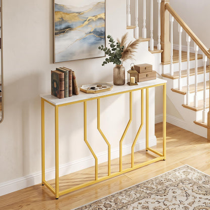 110 cm Gold Console Table Entryway Table with Faux Marble Tabletop