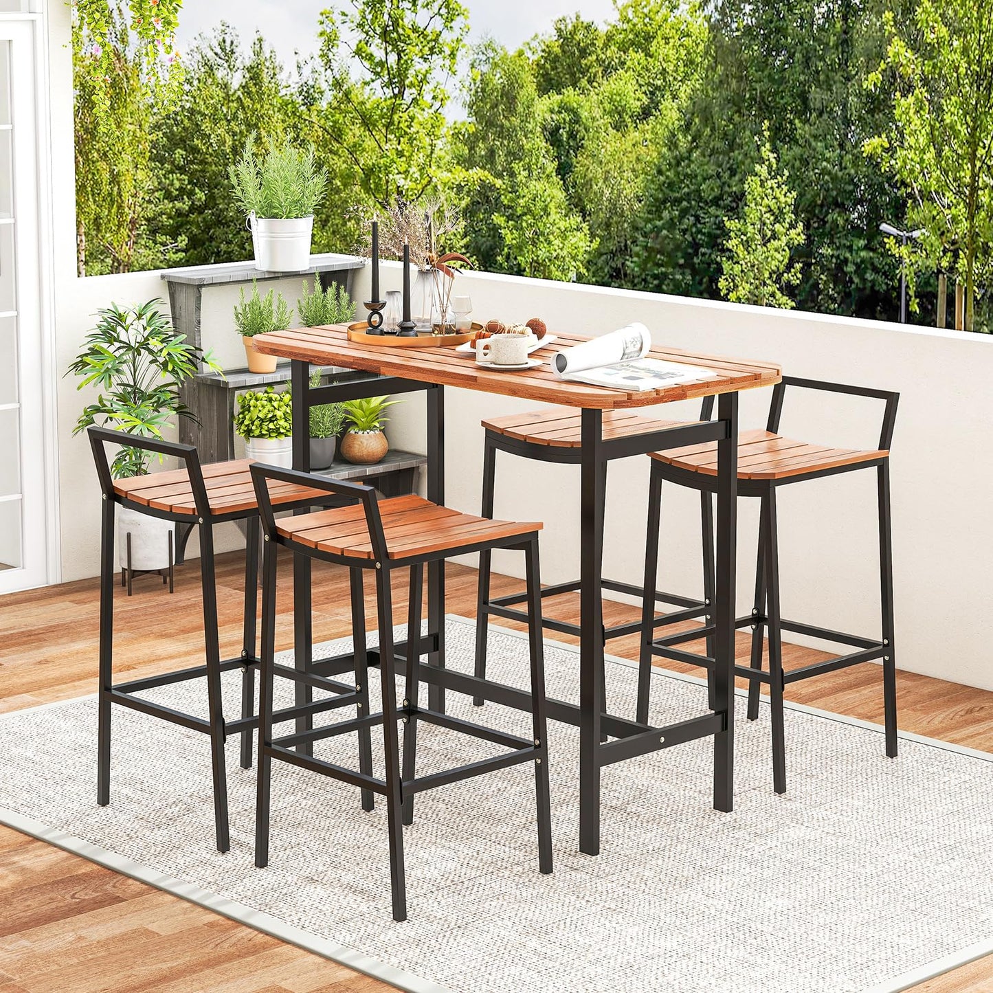 5 Piece Acacia Wood Bar Table Set with Metal Frame and Footrest