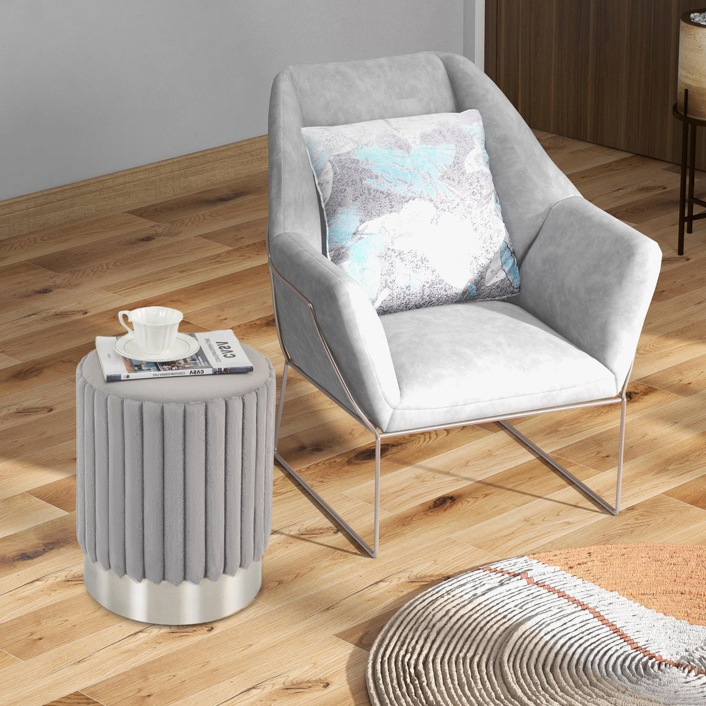 Upholstered Footrest Stool with Decorative Vertical Tufting and Heavy-duty Metal Base