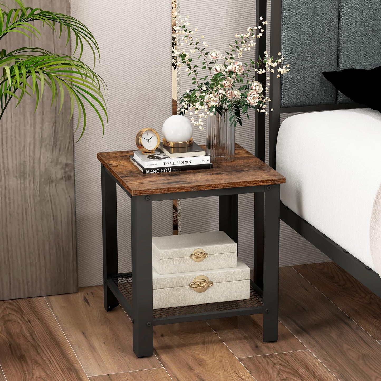2 Tier End Table Square Sofa Side Table with Mesh Shelf