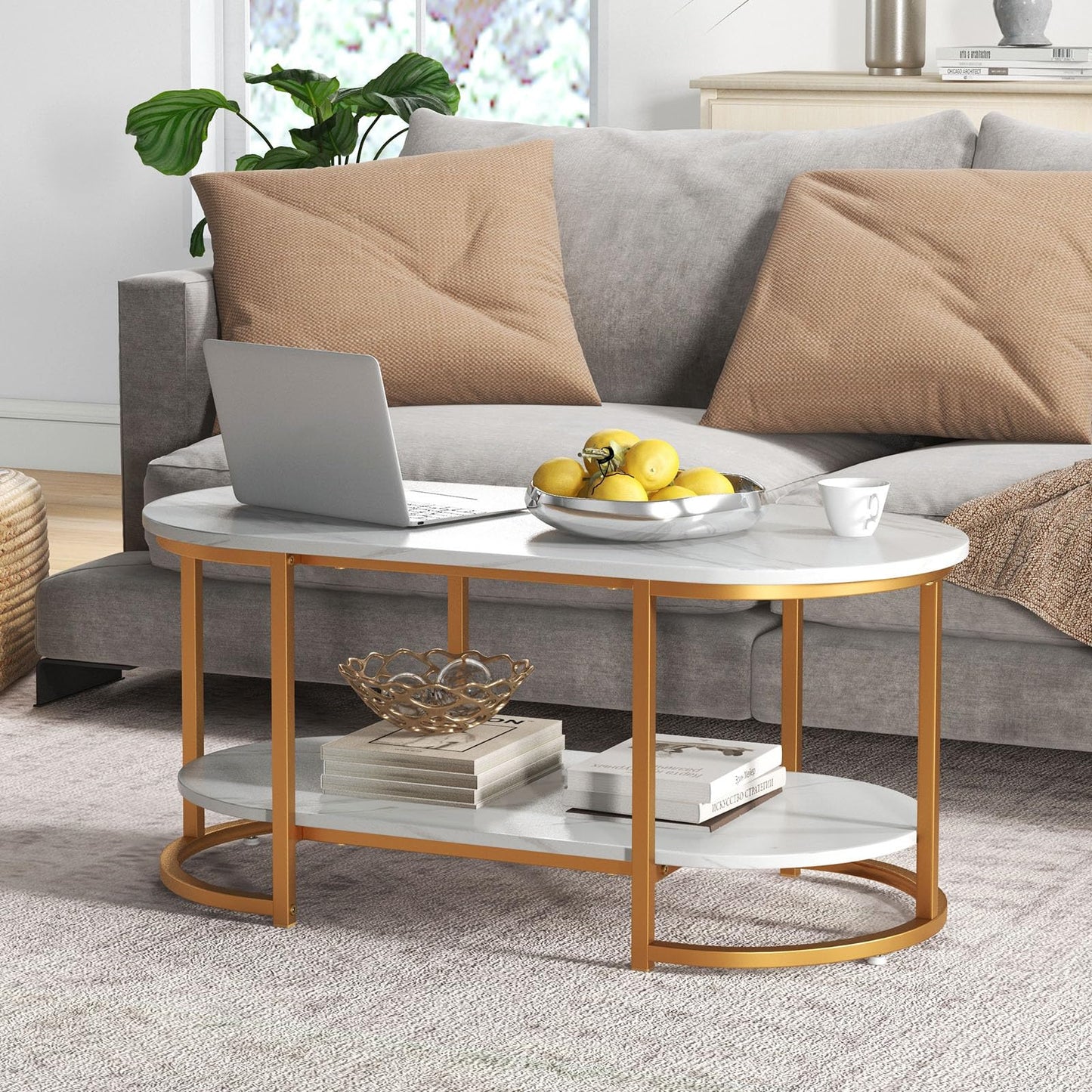 Marble Coffee Table with Open Storage Shelf