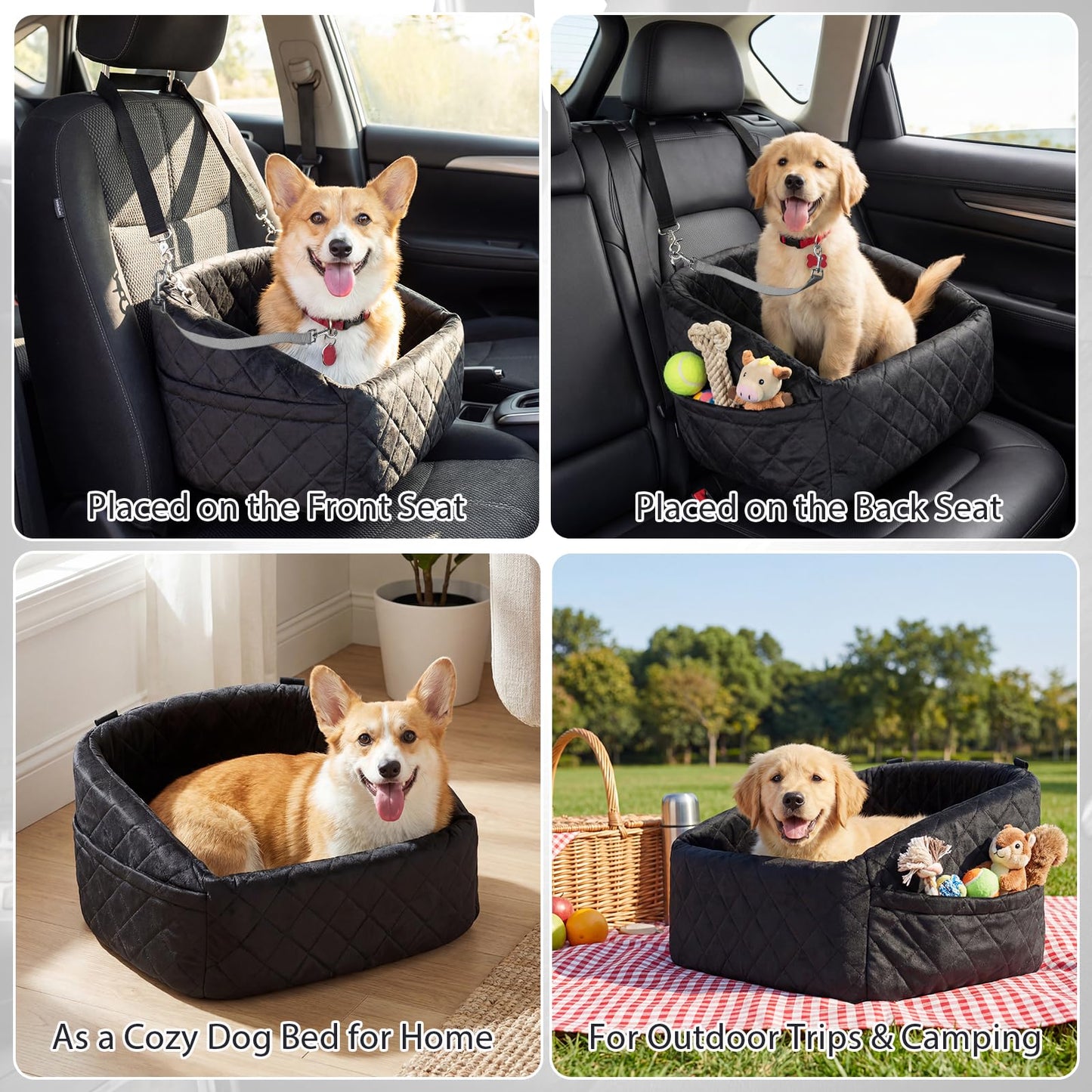 Dog Car Seat, Soft Travel Dog Booster Seat with Safety Straps