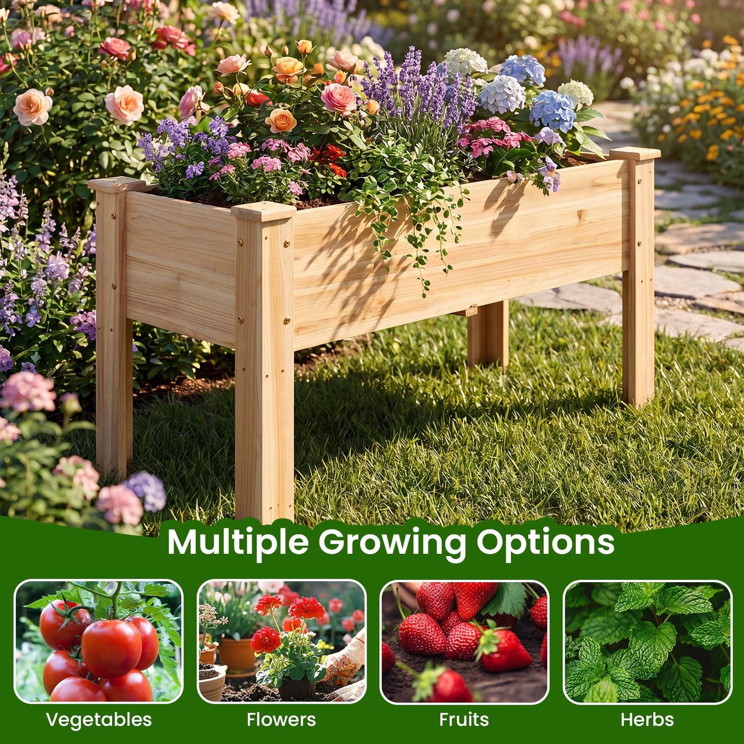 Wooden Raised Garden Bed, Elevated Vertical Planter with Drainage Holes