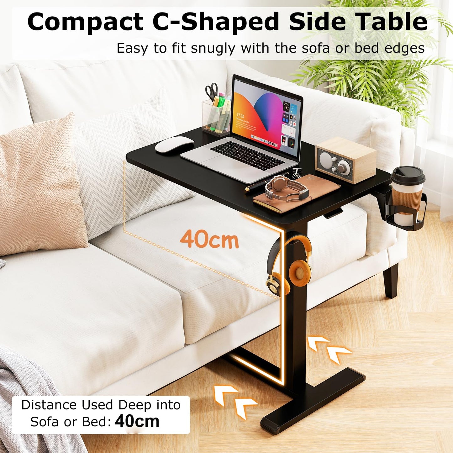 Height Adjustable Overbed Bedside Table with Cup Holder and Headphone Hook