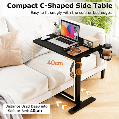 Height Adjustable Overbed Bedside Table with Cup Holder and Headphone Hook