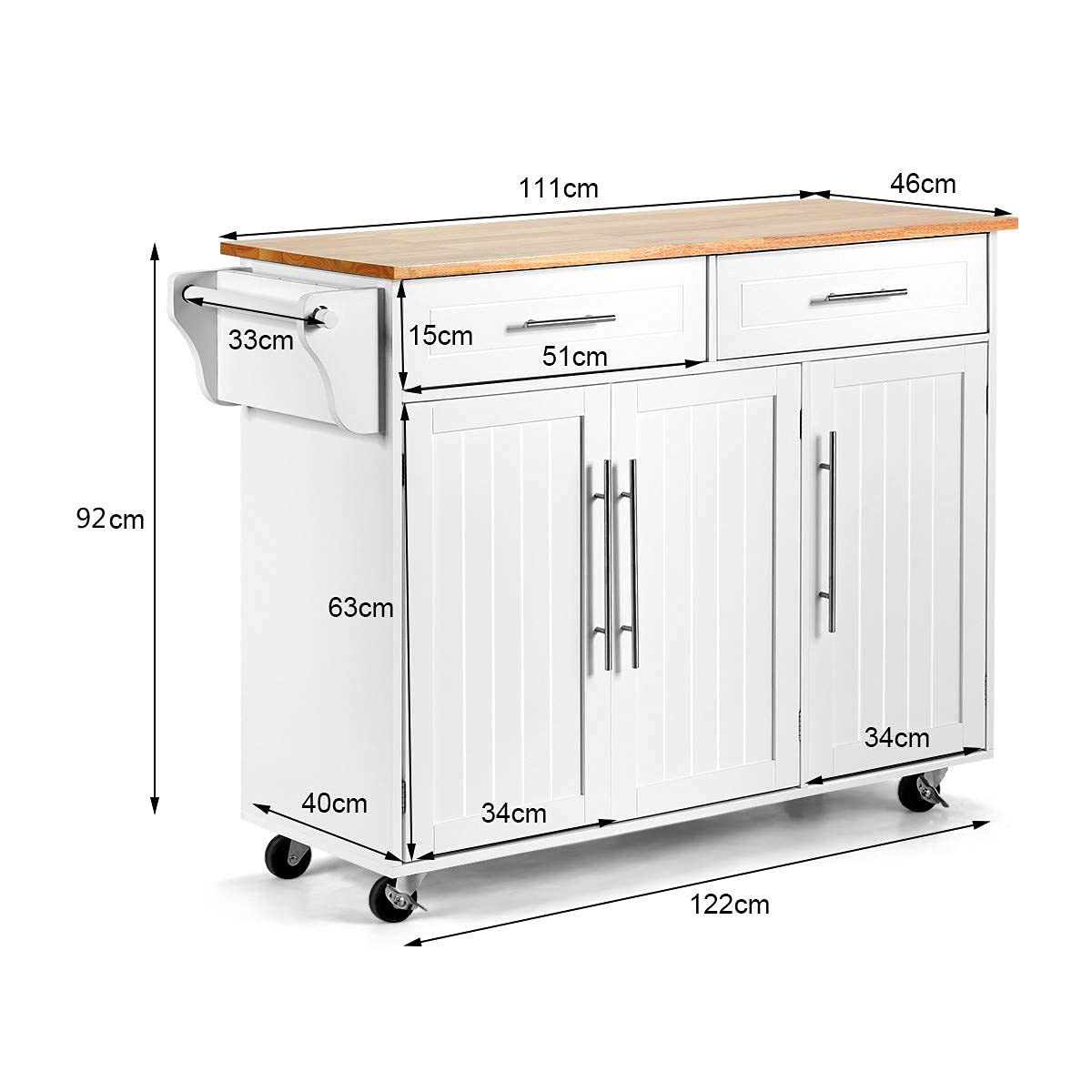 Kitchen Island Trolley Wood Top Rolling Cart with Knife Block