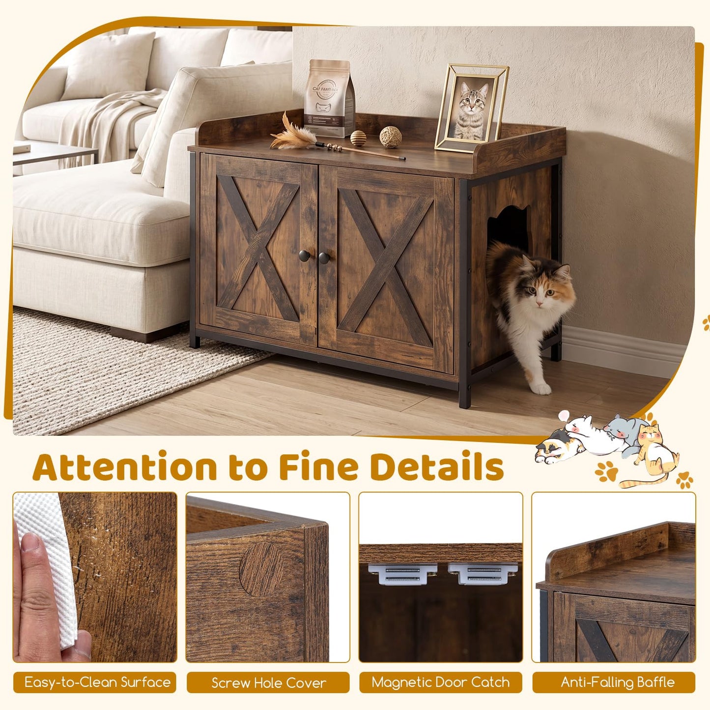 Cat Litter Box Enclosure with 2 Barn Doors Metal Legs and Side Entrance