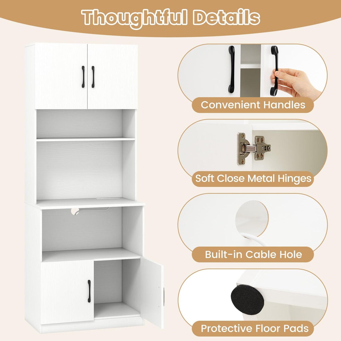 Pantry Cabinet with Power Outlets Freestanding Narrow Kitchen Hutch with 4 Doors