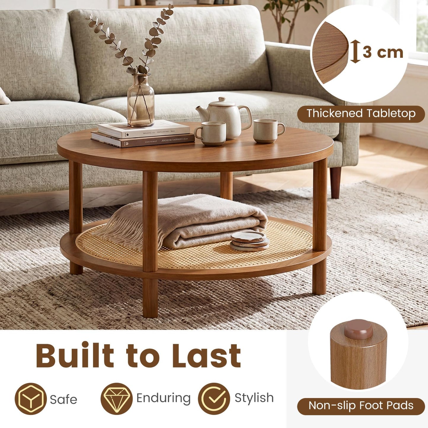 2-Tier Round Coffee Table with Rattan Storage Shelf, Rubber Wood