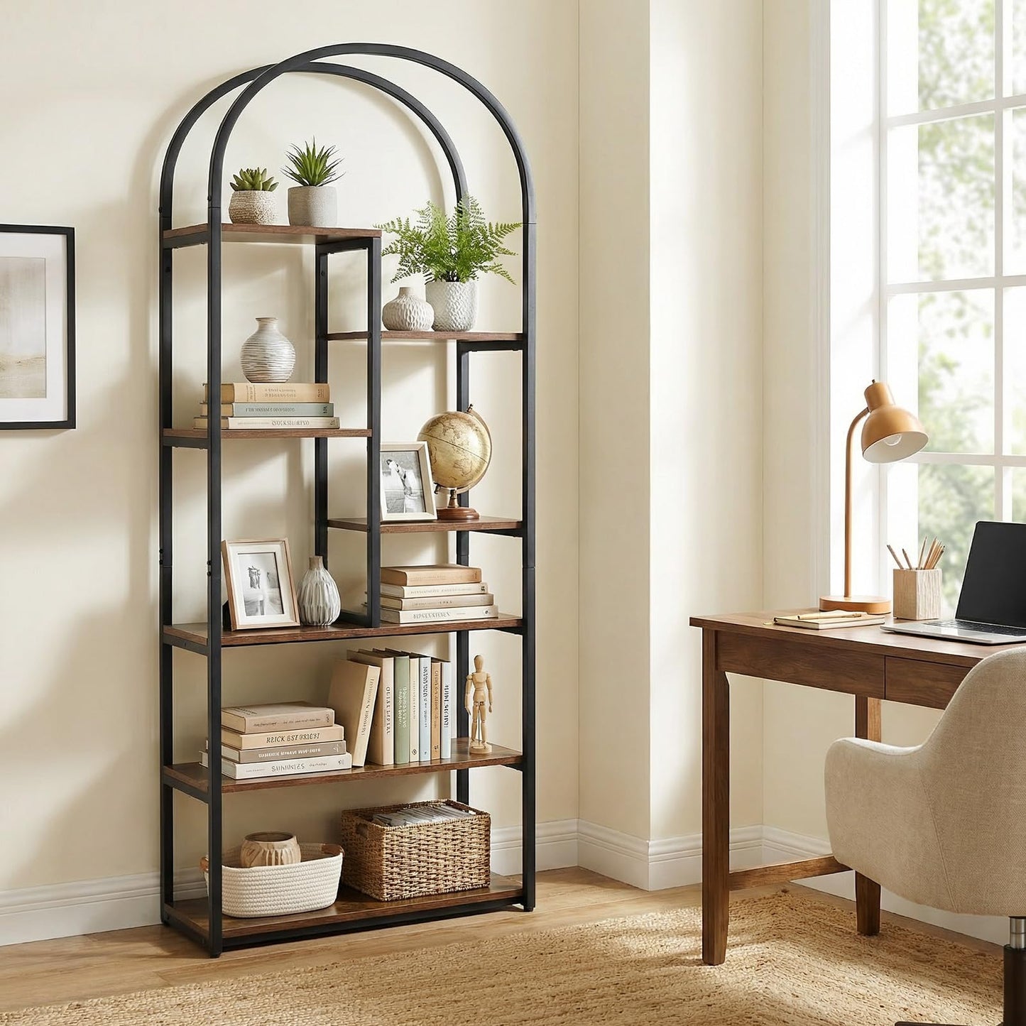 Arched Bookshelf, Metal Frame Bookcase Shelving Unit