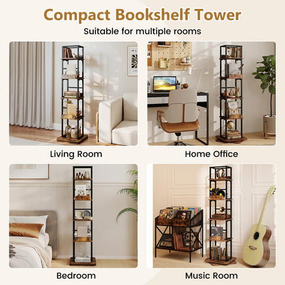 5-Tier Rotating Bookshelf Tower with 360° Spin & Side Rails for Small Spaces