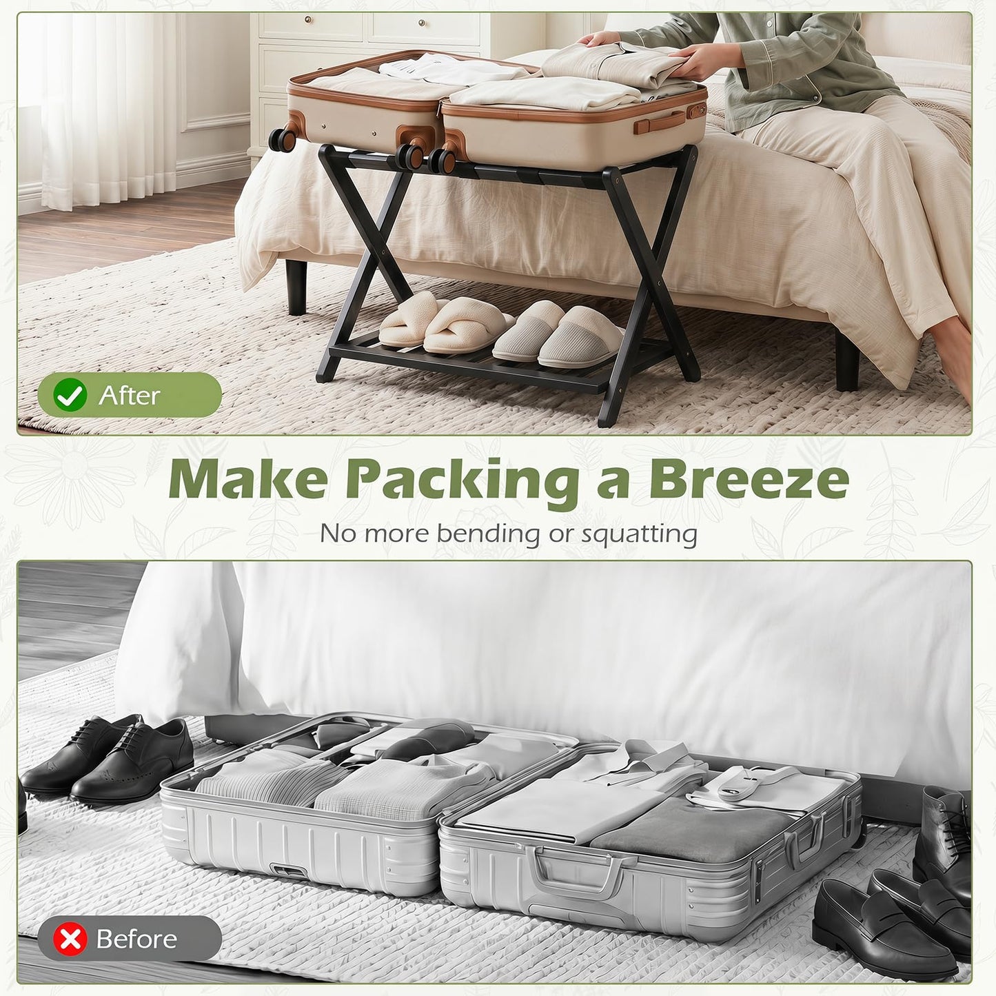 Bamboo Luggage Rack, Folding Suitcase Stand with Straps and Storage Shelf