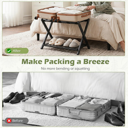 Bamboo Luggage Rack, Folding Suitcase Stand with Straps and Storage Shelf
