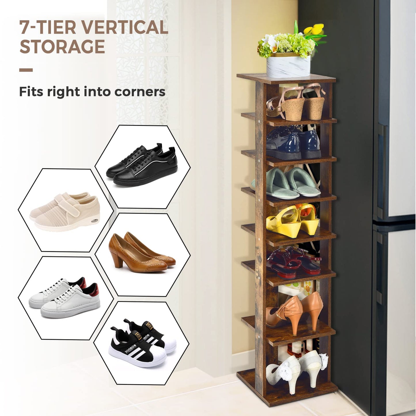 Wooden Vertical Shoe Rack with 7 Shelves