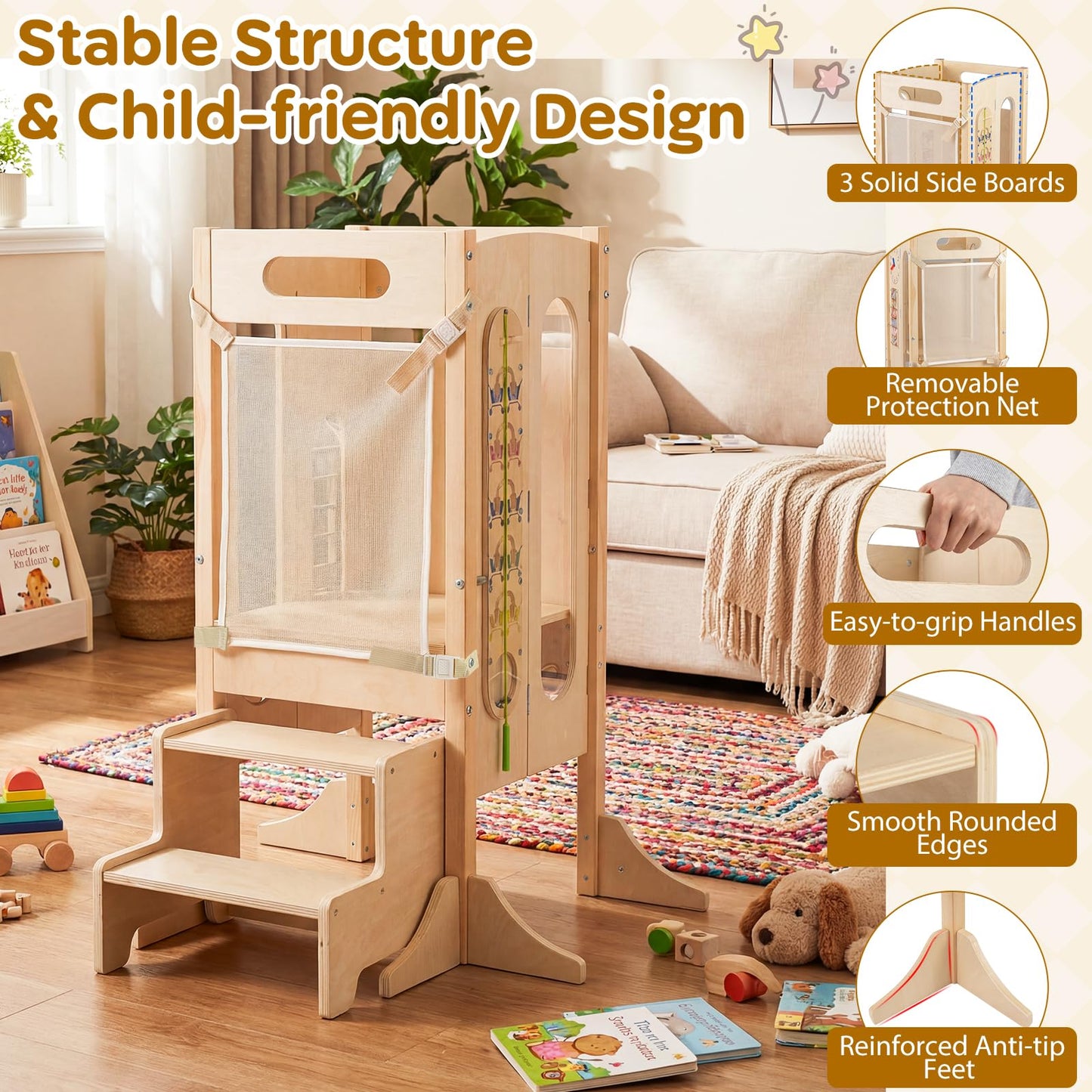 Toddler Step Stool Foldable Standing Tower with Anti-tip Feet