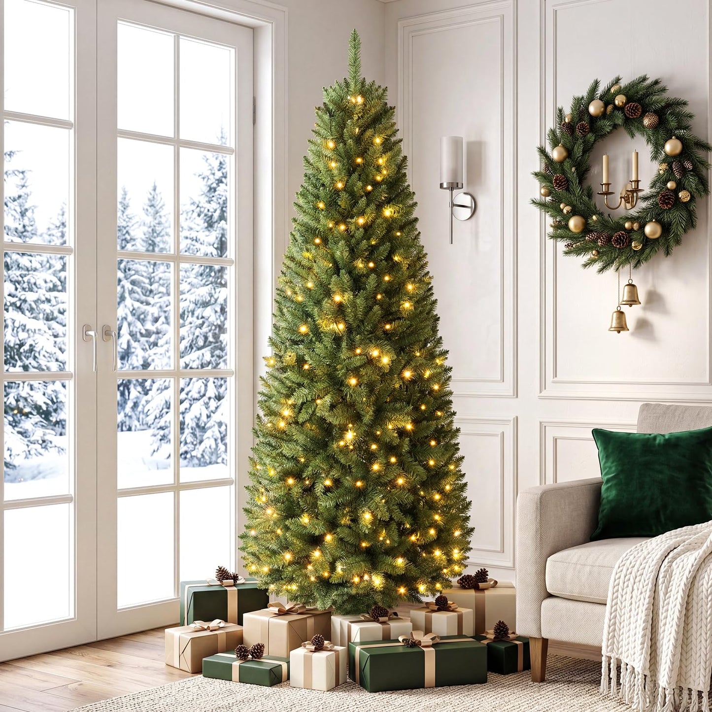 Pre-lit Slim Christmas Tree, Hinged Pencil Xmas Tree