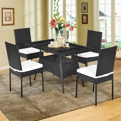 5 pcs Wicker Garden Table and Chairs Set with Tempered Glass Top & Removable Cushions