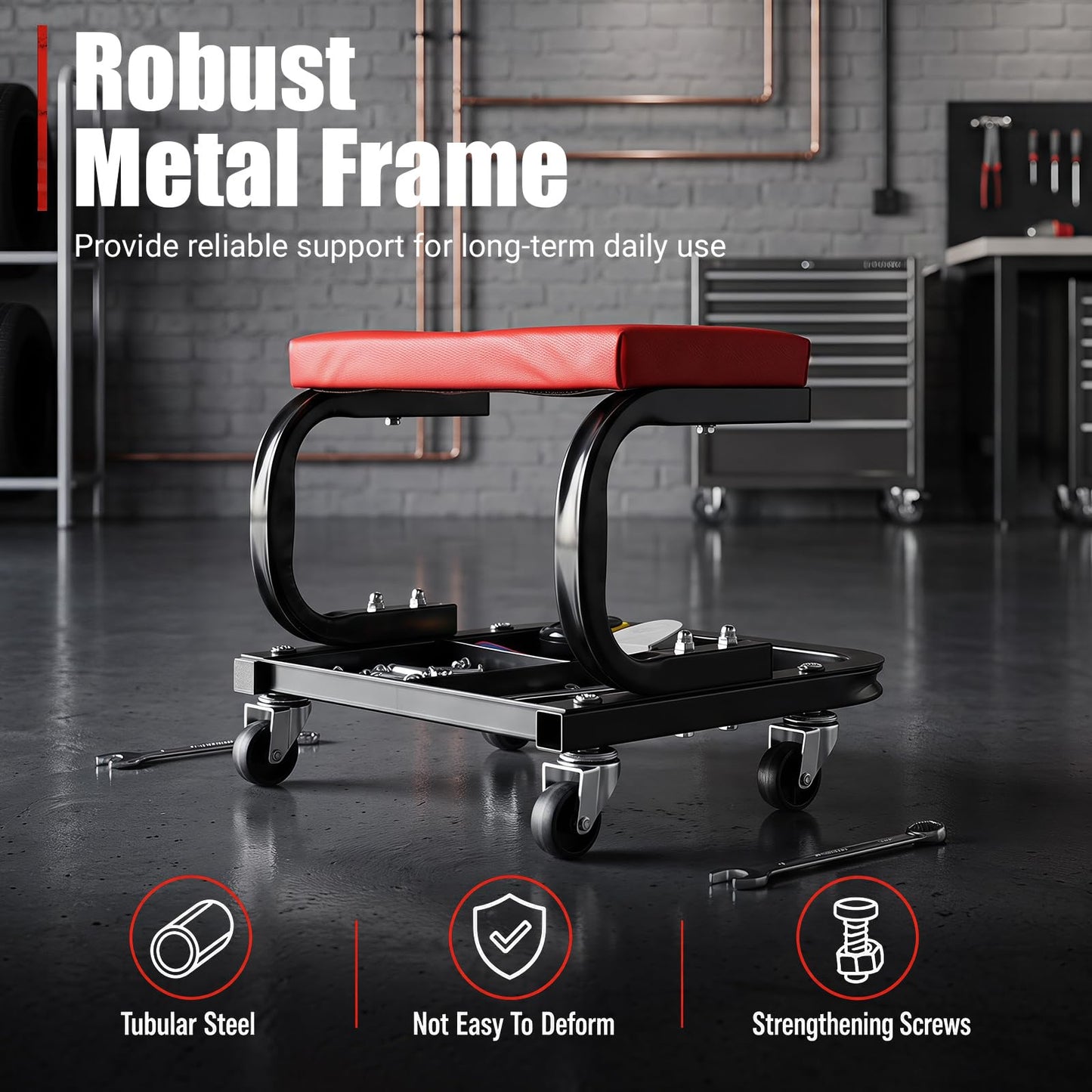 Rolling Mechanic Stool with Padded Seat, Tool Tray and 4 Wheels