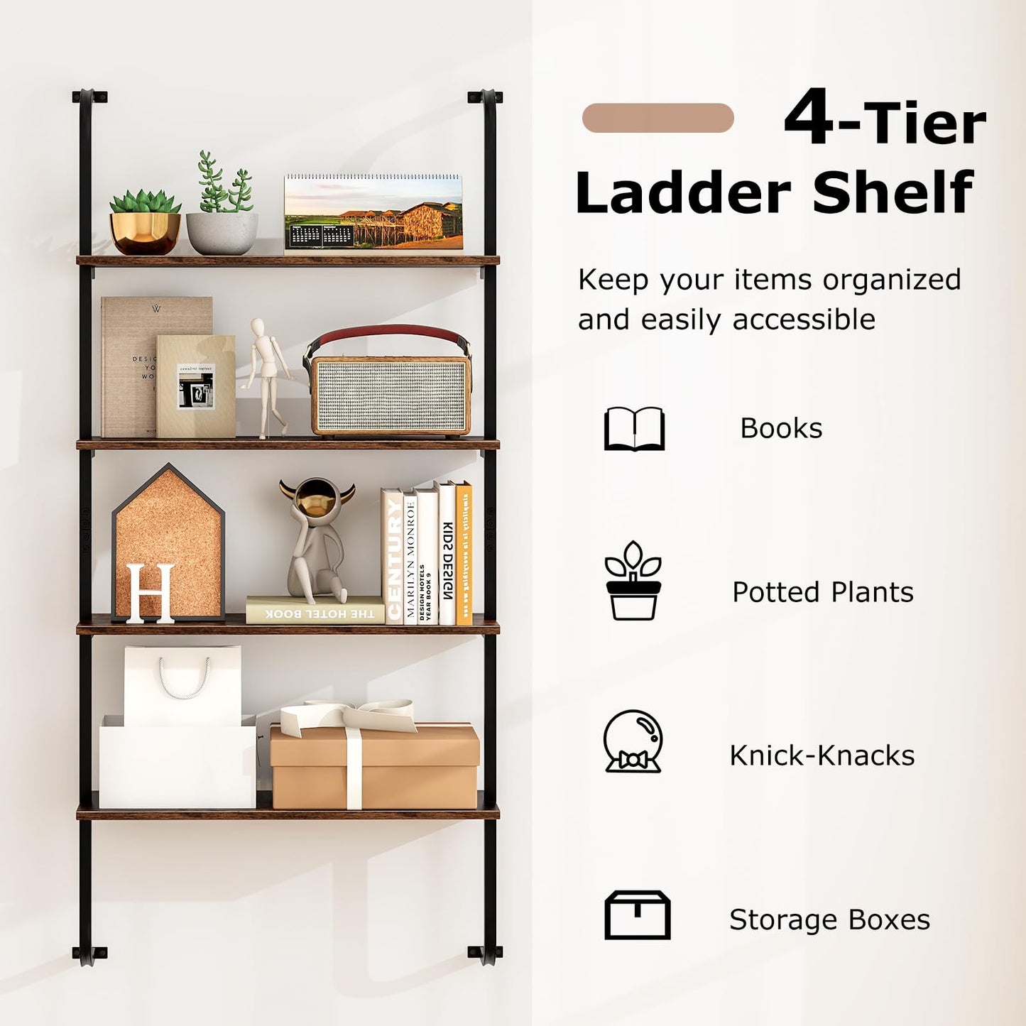 4 Tier Wall Mounted Industrial Pipe Shelving Wood Floating Shelves