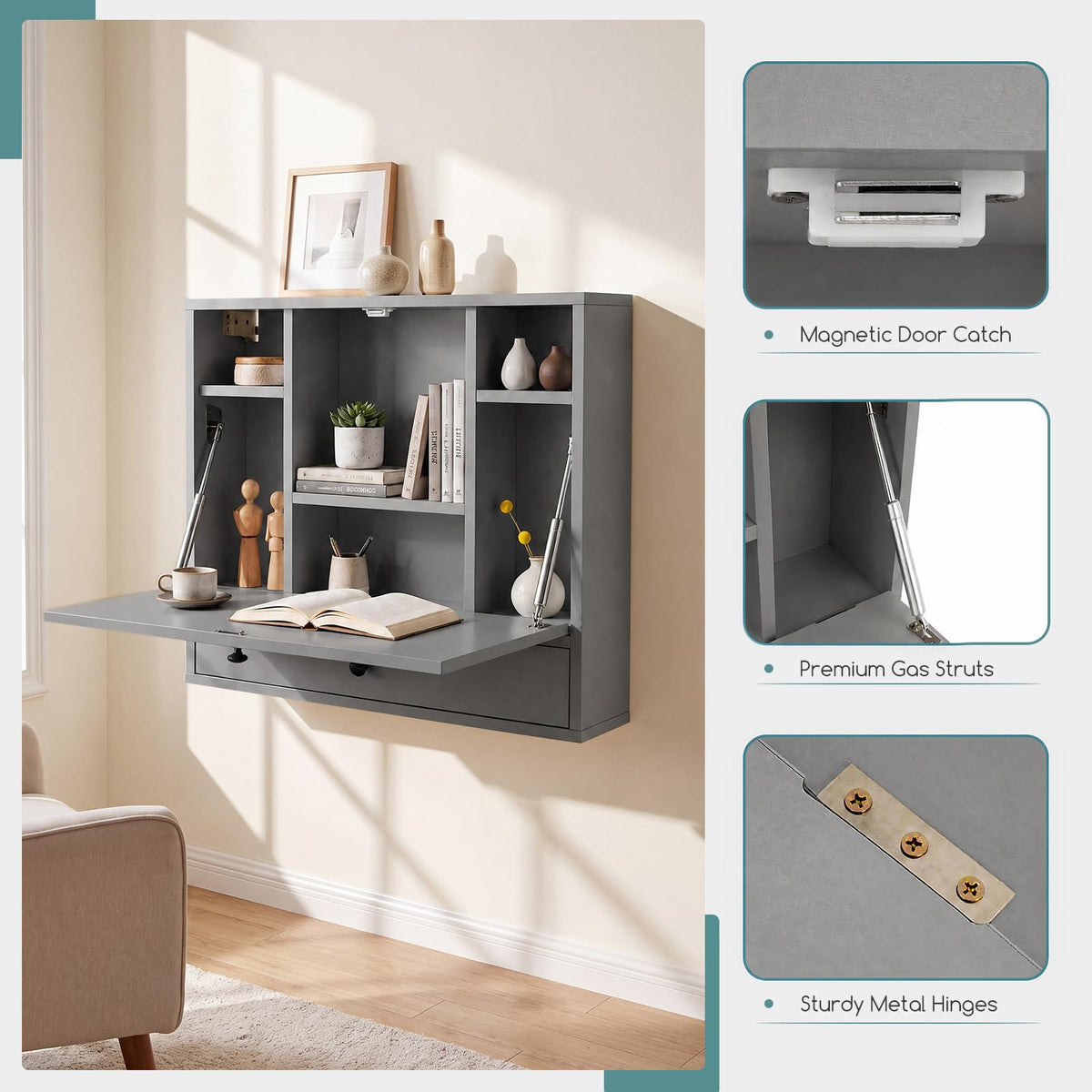 Wall-Mounted Fold-Down Desk Floating Computer Workstation with Drawer and 6 Cubes