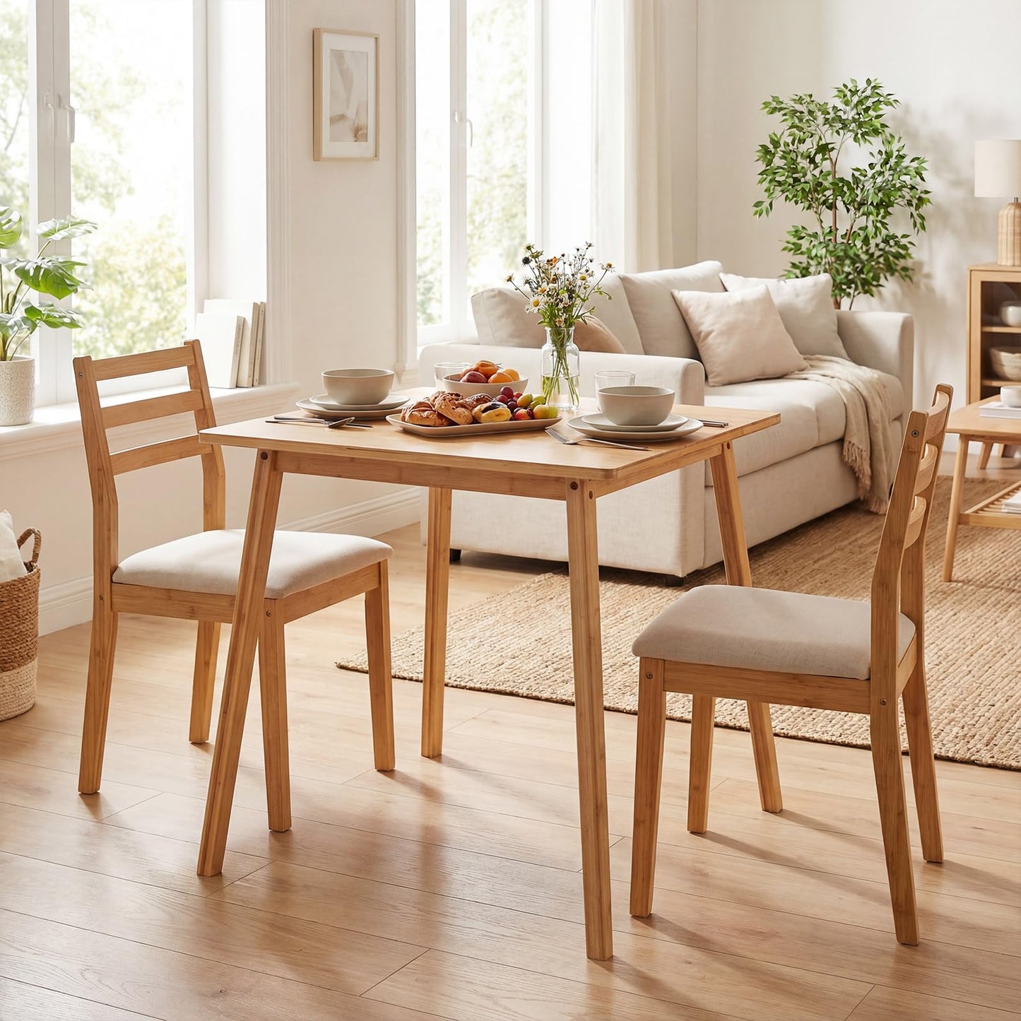 Dining Table for 2-4, Bamboo Square Kitchen Table with Anti-slip Footpads