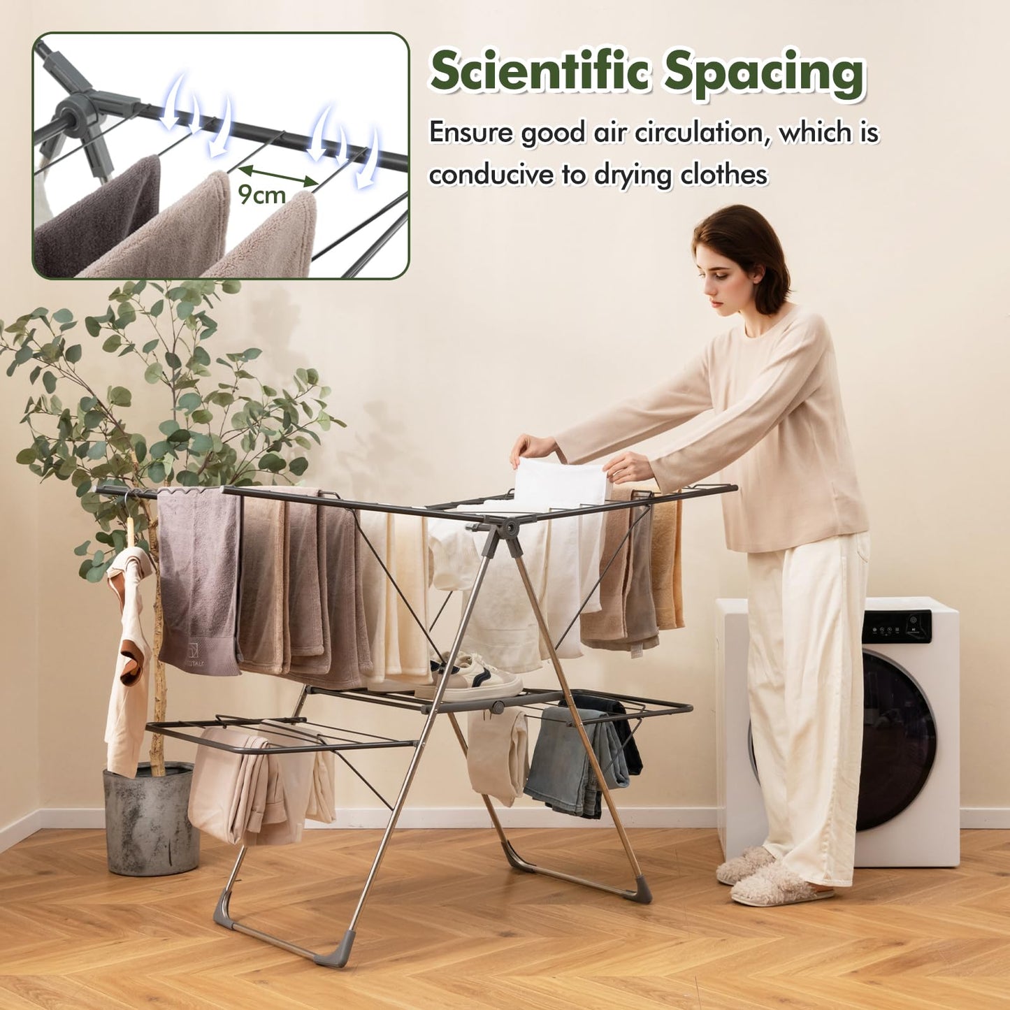 2-Level Foldable Clothes Airer Dryer Horse with Height-Adjustable Wings