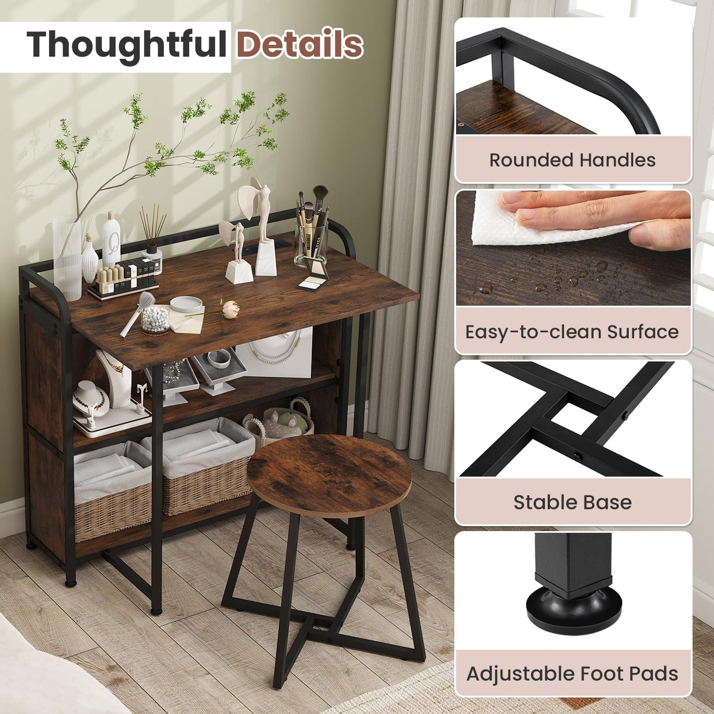 90 cm Folding Desk with Stool, Portable Computer Desk and Stool Set