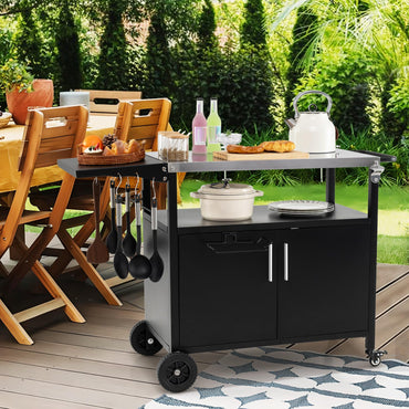 84cm Garden Serving Trolley with Folding Stainless Steel Top
