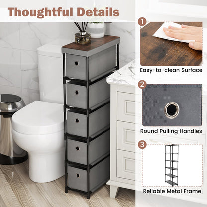 Narrow Dresser with 5 Drawers Slim Storage Tower with Metal Frame