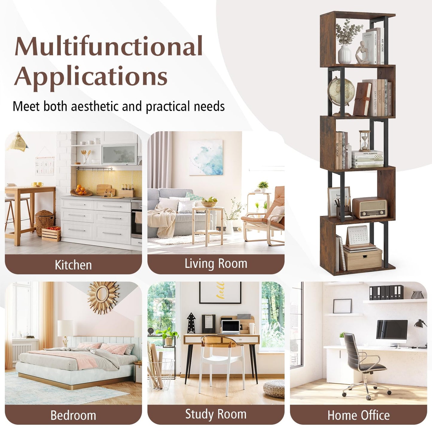 5-Tier Modern Bookshelf with Metal Frame for Home Office