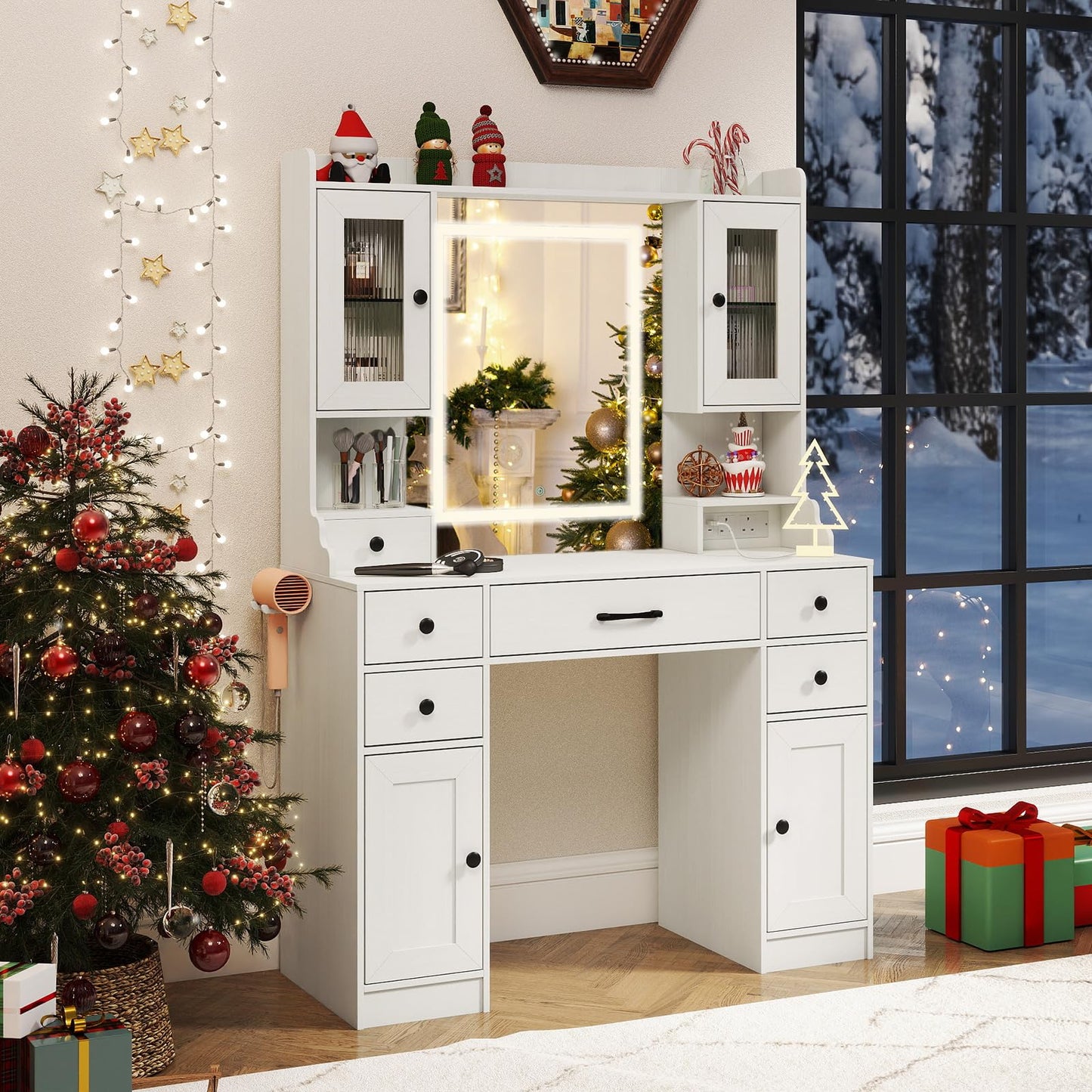 Vanity Desk with Mirror and Lights for Bedroom