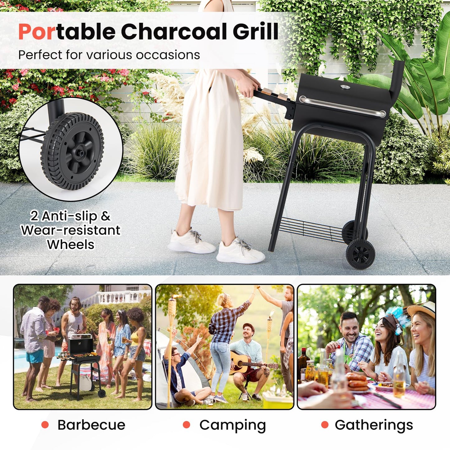 Outdoor Portable Barbecue Grill with Foldable Side Table