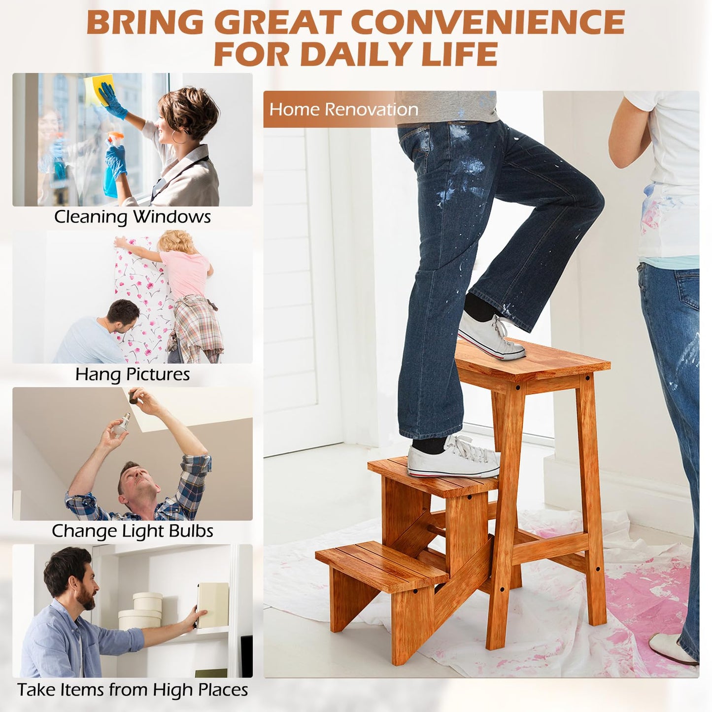 3 Tier Folding Step Stool Rubber Wood Ladder Chair with Handle