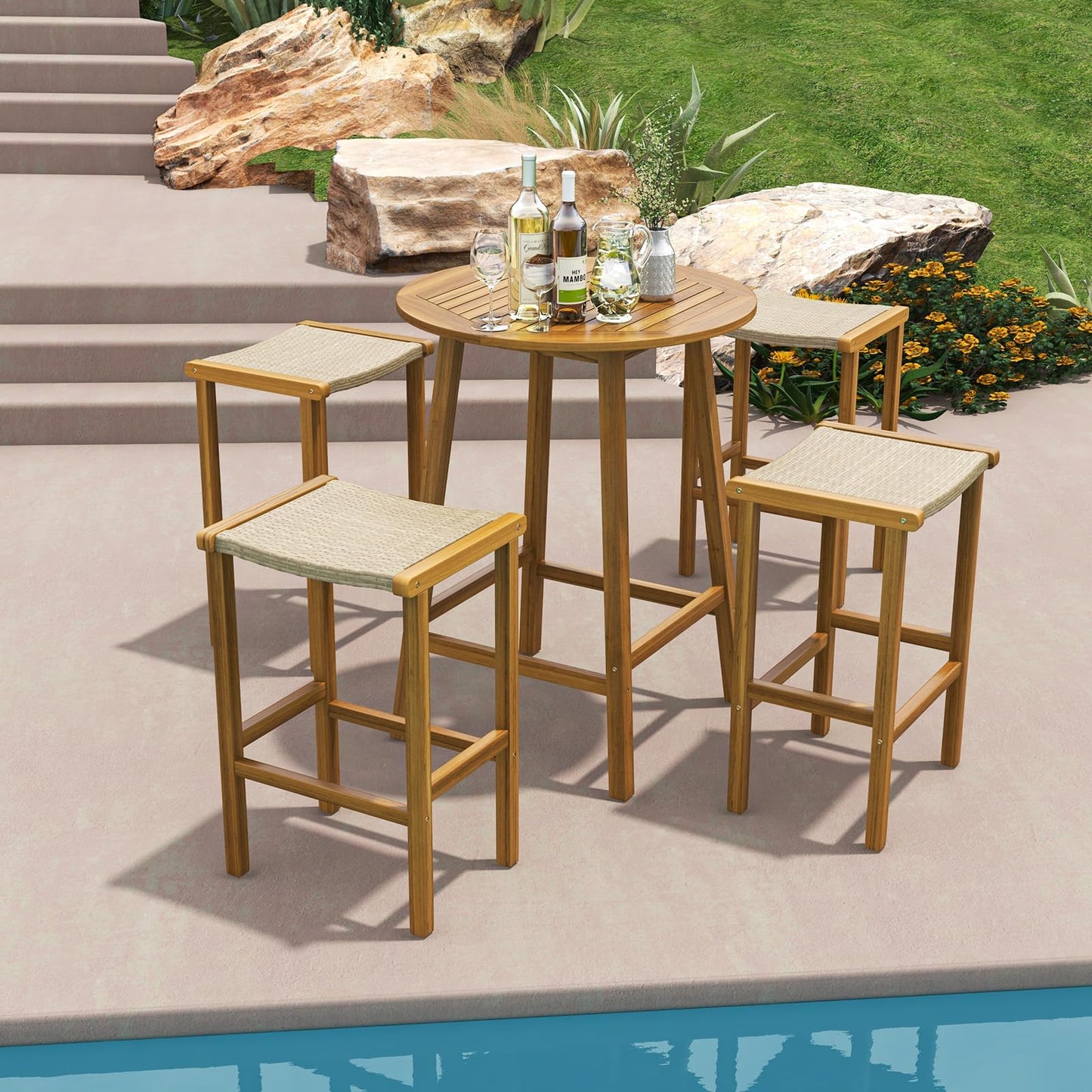 GiantexUK Rattan Garden Bar Stools Set of 2, Acacia Wood Patio Chairs with Curved Seat