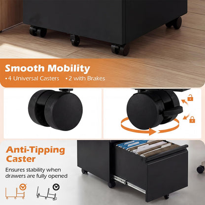 2/3-Drawers Mobile File Cabinet, Rolling Metal Filing Cabinet with 5 Casters and 2 Keys