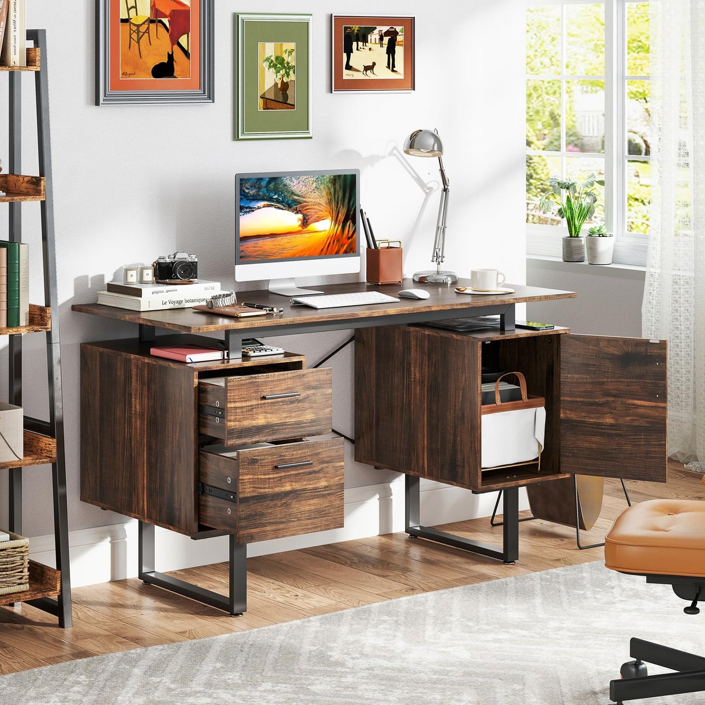 Computer Desk with Floating Desktop and Dual Drawers