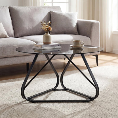 Round Tempered Glass Coffee Table with Triangle Metal Frame for Living Room