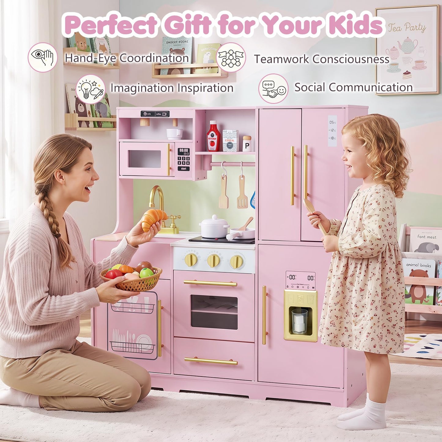 Kids Play Kitchen, Wooden Toy Kitchen with Stoves