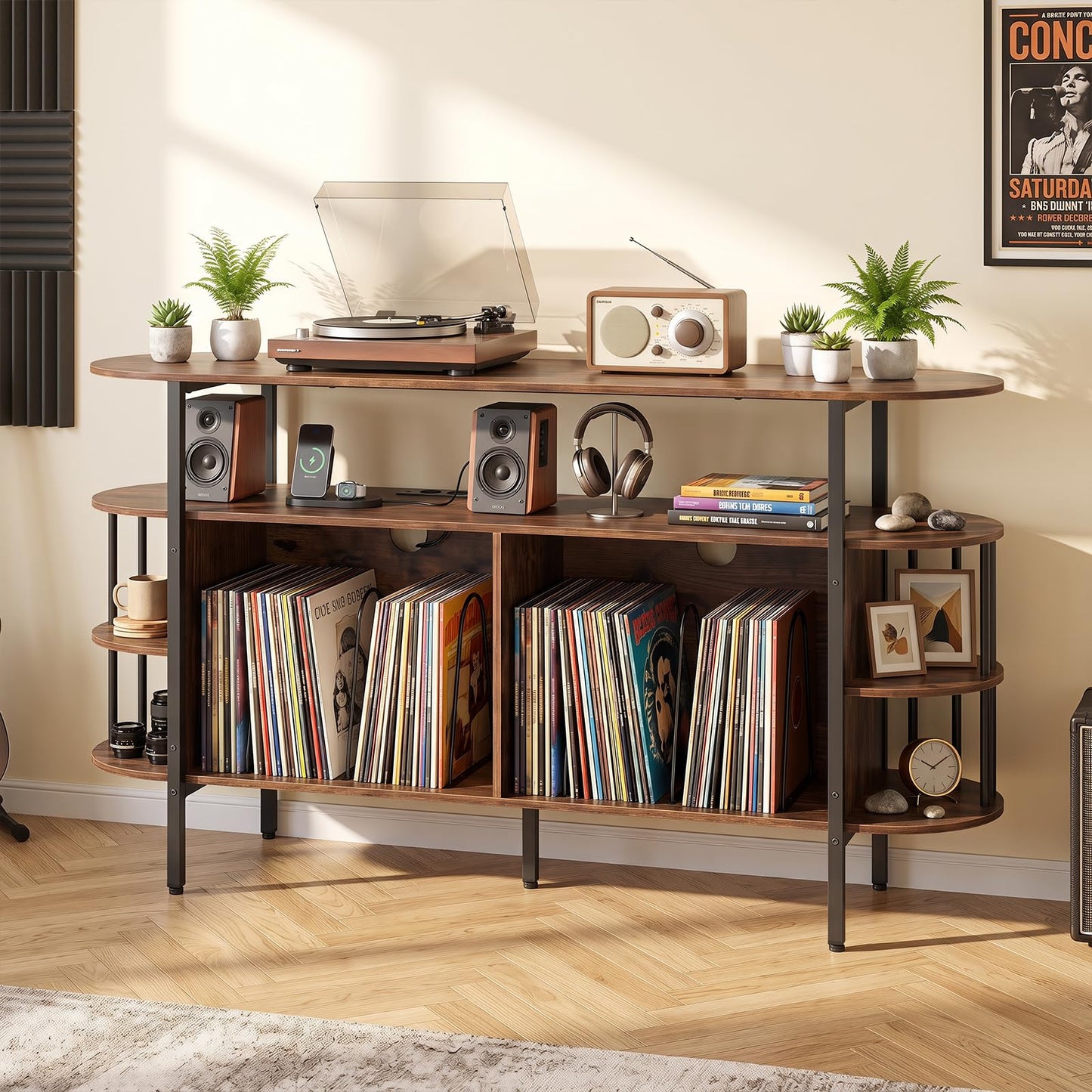 Record Player Stand with Charging Station,LED Lights