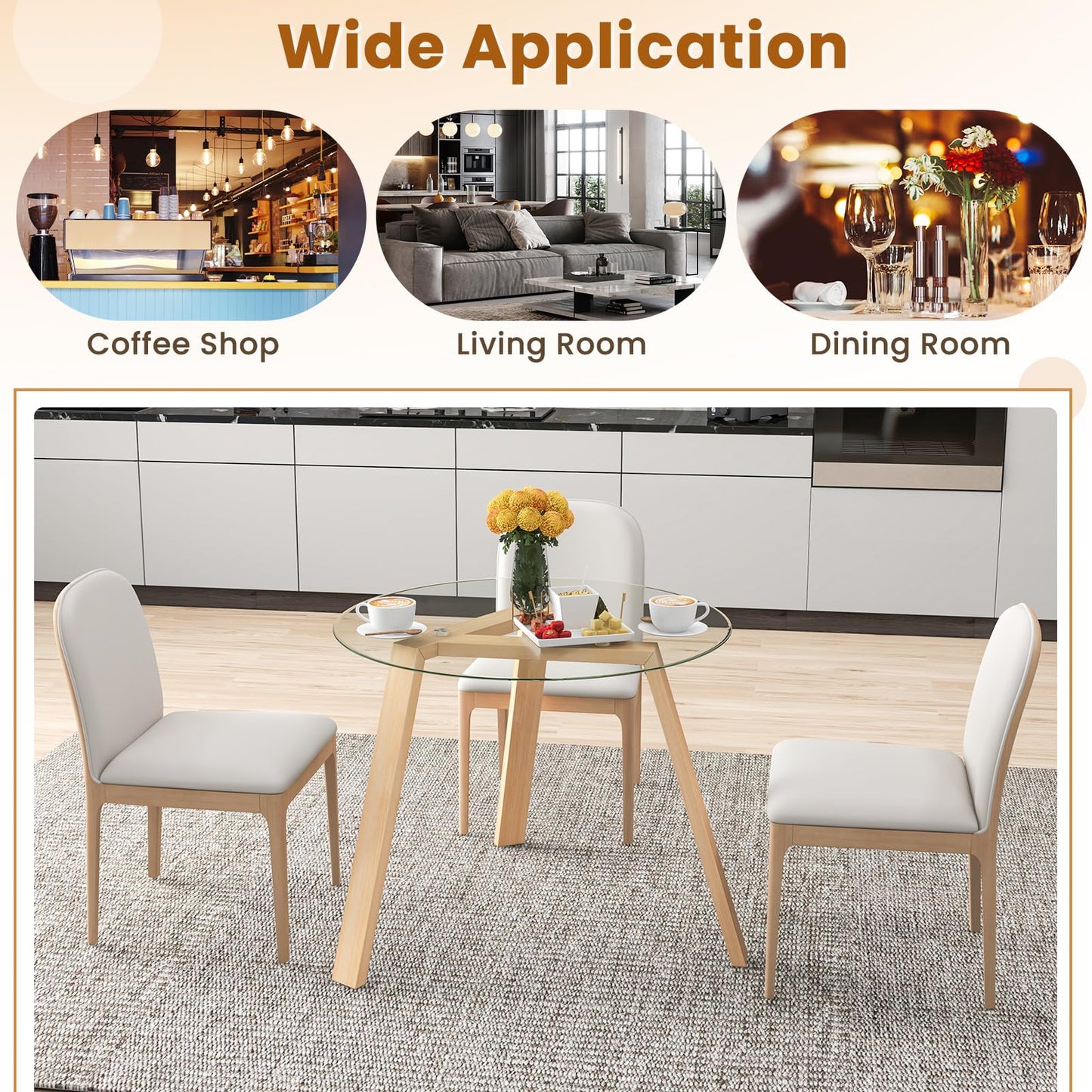 90cm Modern Round Kitchen Tables with Tempered Glass Tabletop and Rubber Wood Base