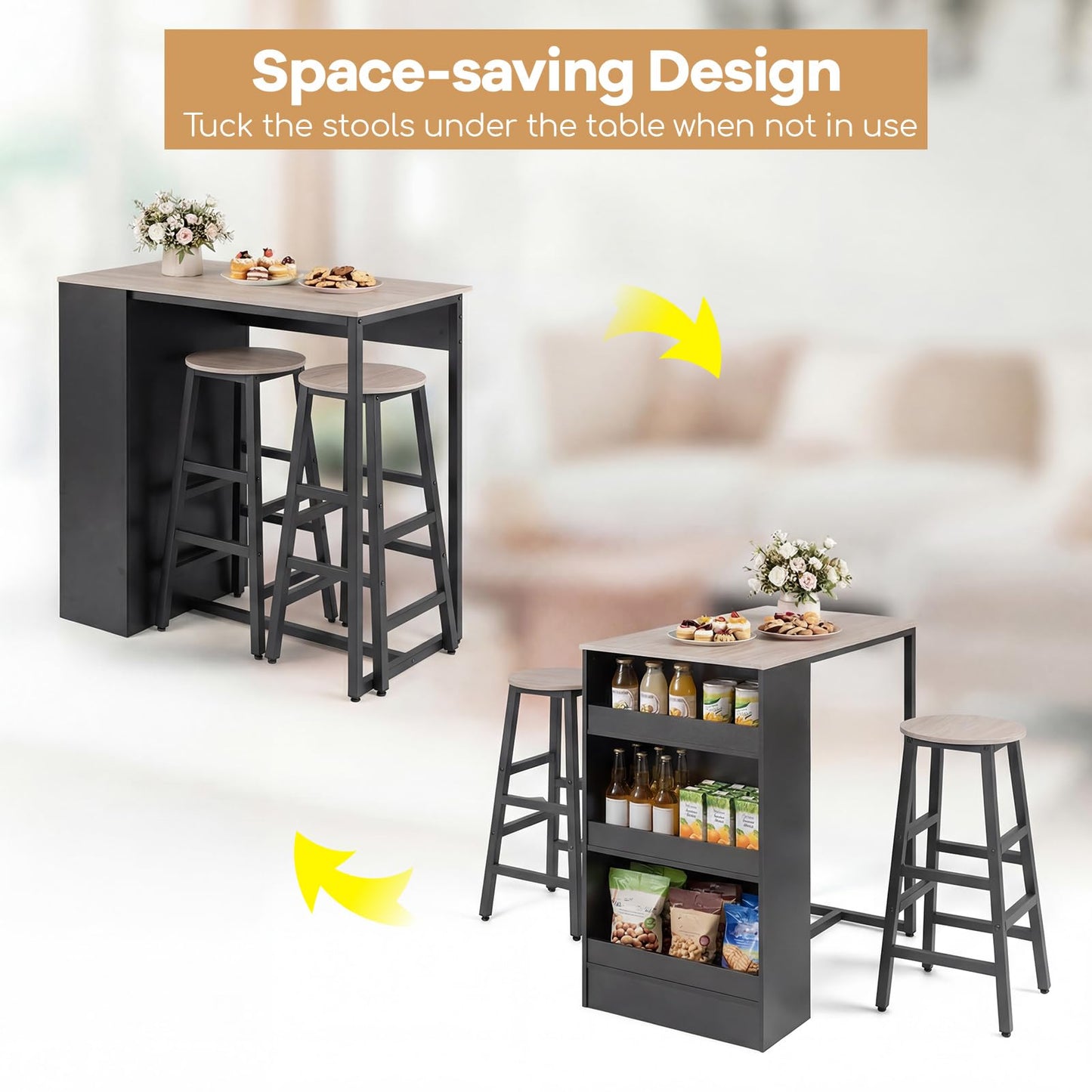 3 Piece Bar Table Set, Dining Table and 2 Stools with 3-Tier Side Shelves & Footrest