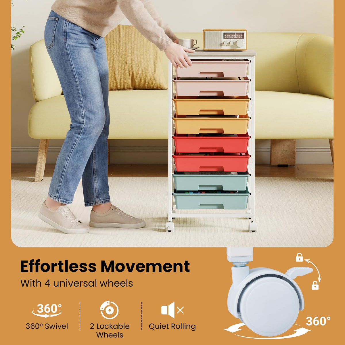 8 Drawers Storage Trolley, Rolling Utility Cart with Wooden Top