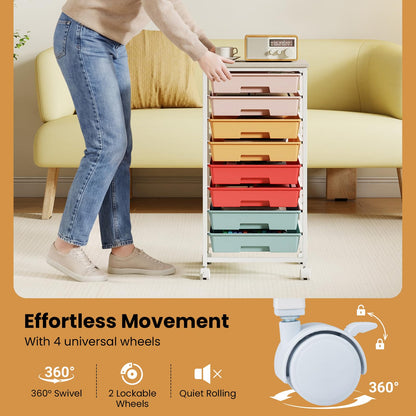 8 Drawers Storage Trolley, Rolling Utility Cart with Wooden Top
